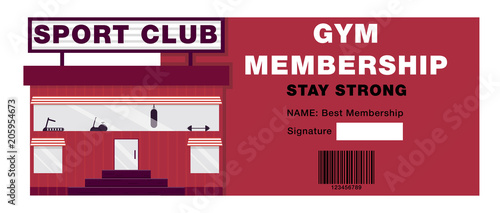 membership of a sports club, a season ticket to a sports club,sports center building, room with exercise machines, healthy lifestyle, sports club, vector image, flat design,
