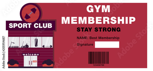 membership of a sports club, a season ticket to a sports club,sports center building, room with exercise machines, healthy lifestyle, sports club, vector image, flat design,