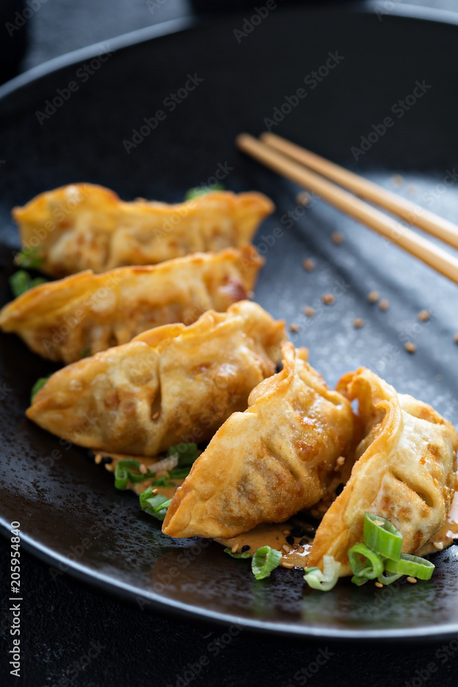 Fried potstickers with green onions Fried potstickers with green onions