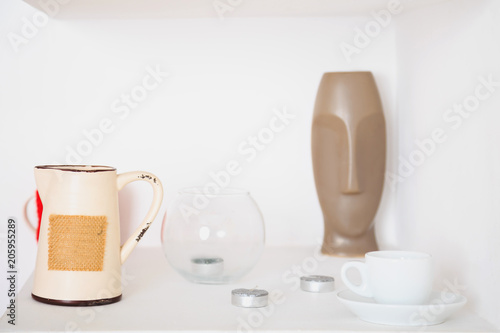 art decor white design objects, pitcher, vase, Cup, candles