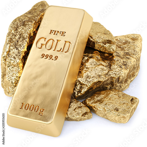 Papier peint gold bullion and gold nuggets on a white background