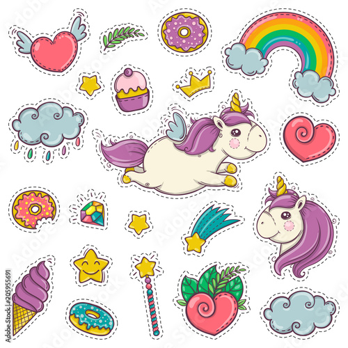Magic wand, unicorn, rainbow, sweets, ice cream. Set of stickers patches badges pins prints for kids. Cartoon style.