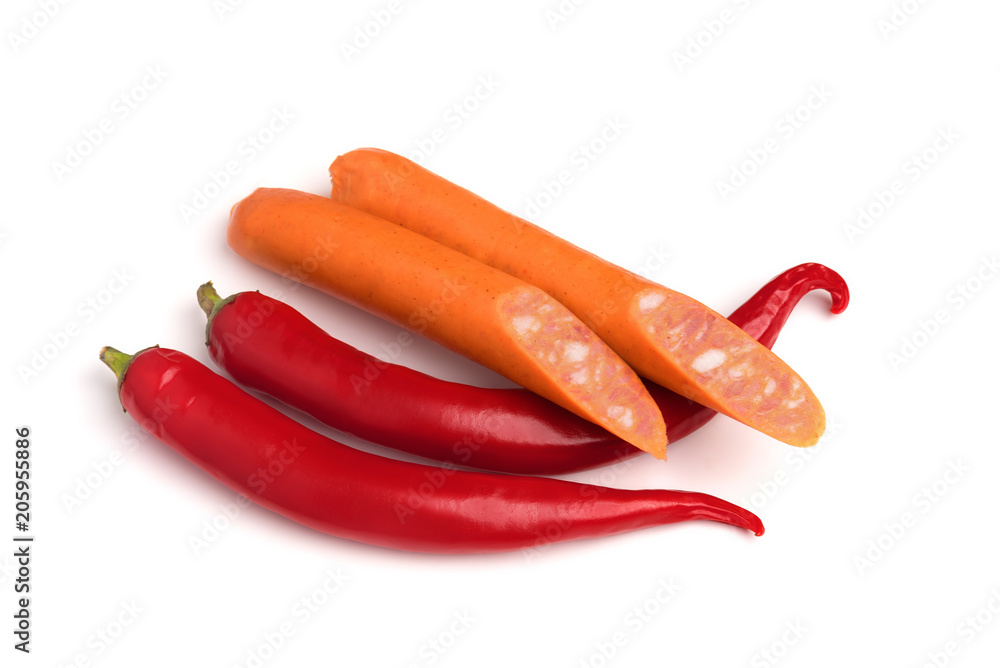 Red hot chili pepper and sausages isolated on white background Red hot chili pepper and sausages isolated on white background