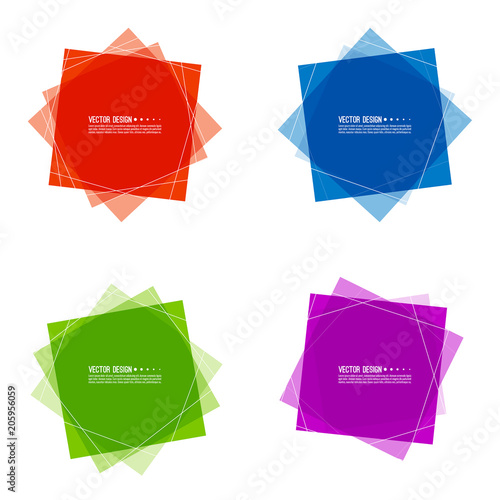 Vector set of colored banners from rectangular transparent intersecting layers. Isolated on white background.