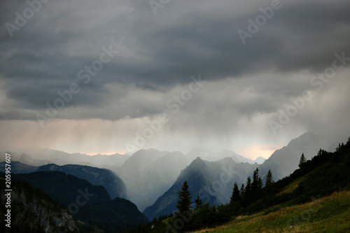 rain downpour above the tree line at Berchtesgaden national park, Germany