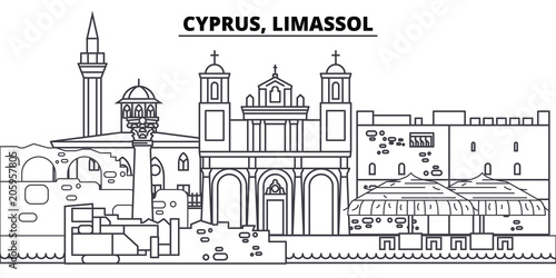 Cyprus, Limassol line skyline vector illustration. Cyprus, Limassol linear cityscape with famous landmarks, city sights, vector design landscape. 