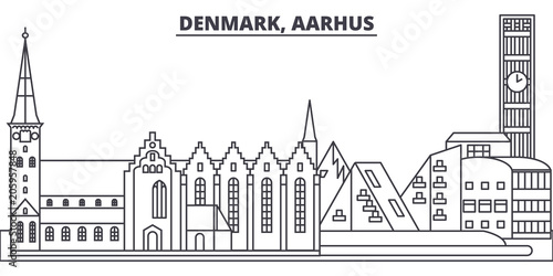 Denmark, Aarhus line skyline vector illustration. Denmark, Aarhus linear cityscape with famous landmarks, city sights, vector design landscape. 