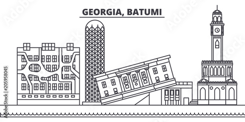 Georgia, Batumi line skyline vector illustration. Georgia, Batumi linear cityscape with famous landmarks, city sights, vector design landscape. 