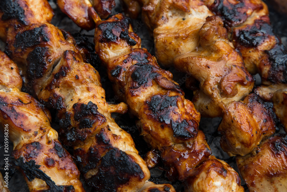 Barbecued Chicken Kebabs on a Charcoal Grill