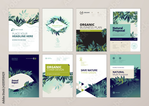 Set of brochure and annual report cover design templates on the subject of nature, environment and organic products. Vector illustrations for flyer layout, marketing material, magazines, presentations