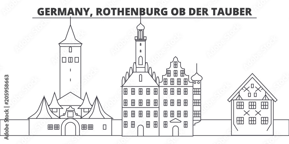 Fototapeta Niemcy, ilustracja wektorowa panoramę linii Rothenburg Ob Der Tauber. Niemcy, Rothenburg Ob Der Tauber liniowy pejzaż ze słynnymi zabytkami, zabytkami miasta, krajobraz wektor projektowania.
