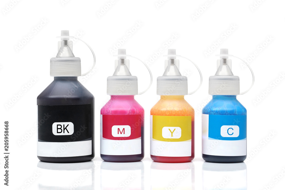 Printer ink bottles for inkjet printers isolated on white background Printer ink bottles for inkjet printers isolated on white background