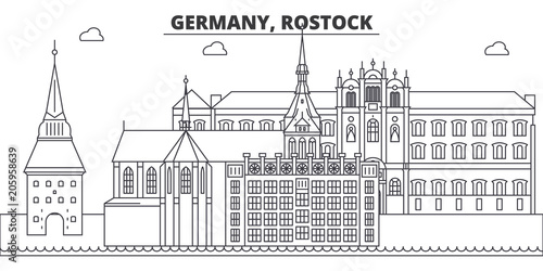 Germany, Rostock line skyline vector illustration. Germany, Rostock linear cityscape with famous landmarks, city sights, vector design landscape. 