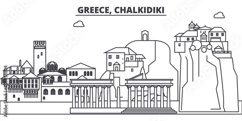 Greece, Chalkidiki line skyline vector illustration. Greece, Chalkidiki linear cityscape with famous landmarks, city sights, vector design landscape. 
