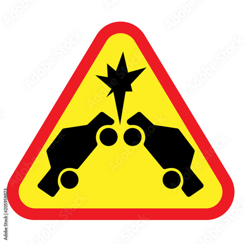 Crushed cars in a triangle, accident sign
