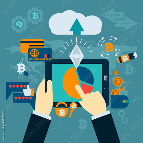 Modern financial infographic. Mining farm. Bitcoin crypto currency surrounded by cryptocoins or digital currency coins, with computers and gadgets.Vector illustration in flat style.