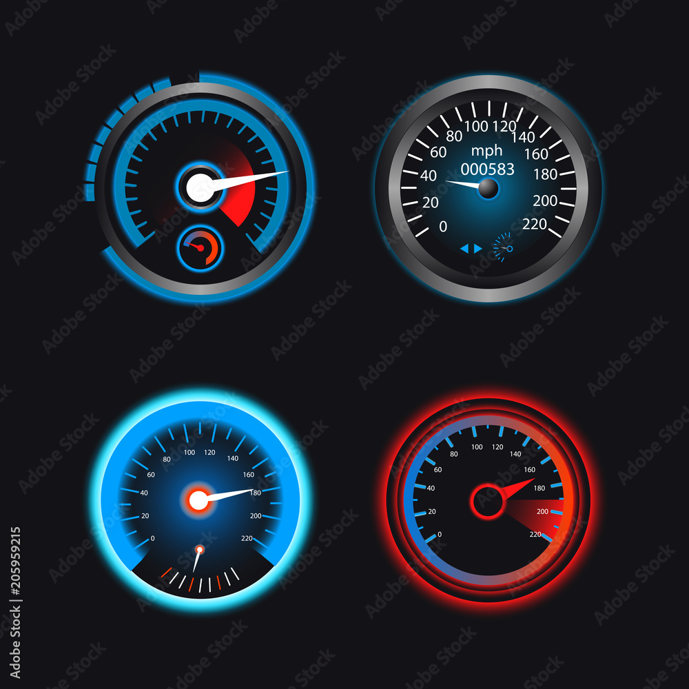 Set of speedometers for dashboard. Realistic panel for transport automobile illustration