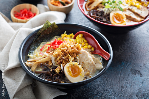 Spicy ramen bowl with noodles and chicken