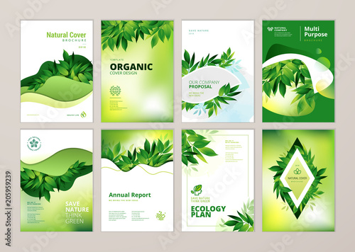Zestaw szablonów broszur i raportów rocznych na temat przyrody, środowiska i produktów ekologicznych. Ilustracje wektorowe do układu ulotki, materiałów marketingowych, czasopism, prezentacji