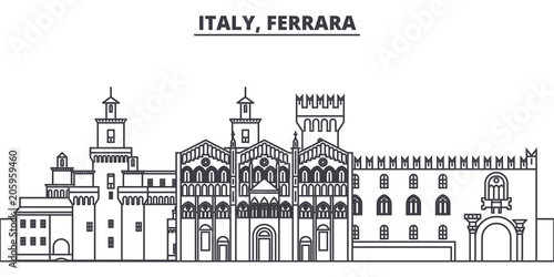 Italy, Ferrara line skyline vector illustration. Italy, Ferrara linear cityscape with famous landmarks, city sights, vector design landscape.  photo