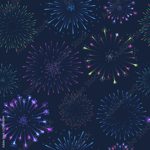 Seamless firework pattern, salute on dark background, vector celebratory gunfire