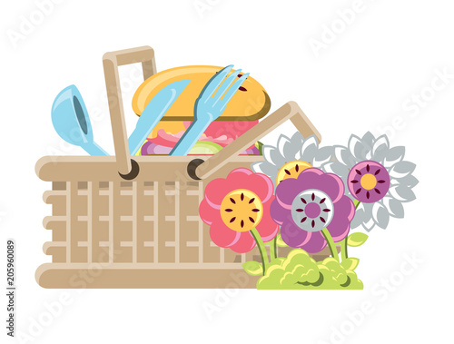 picnic basket with hamburger and flowers over white background, vector illustration © djvstock