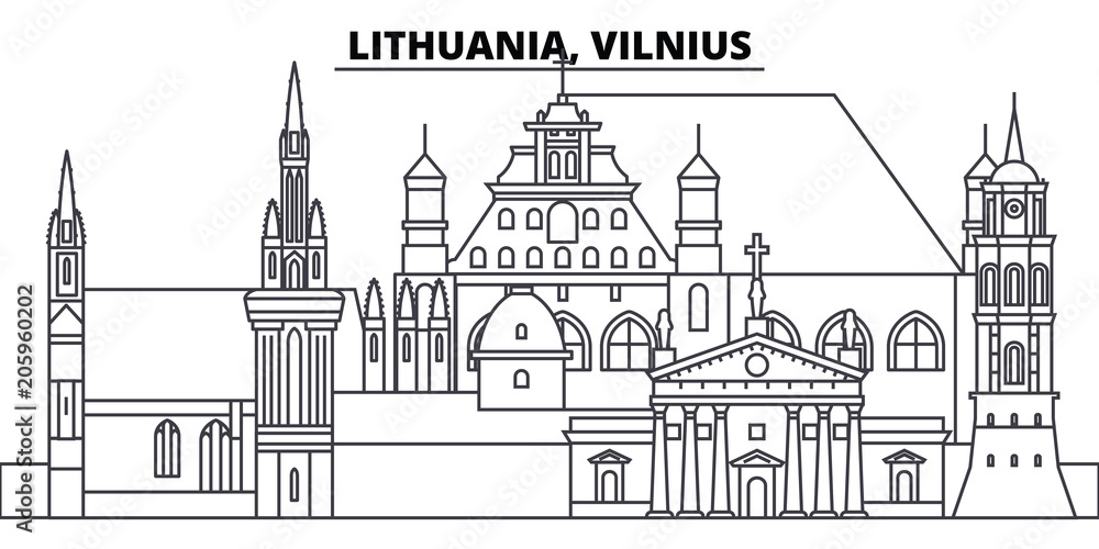 Fototapeta Lithuania, Vilnius line skyline vector illustration. Lithuania, Vilnius linear cityscape with famous landmarks, city sights, vector design landscape.