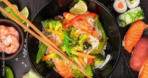 Various kind of Asian food with motion effect.