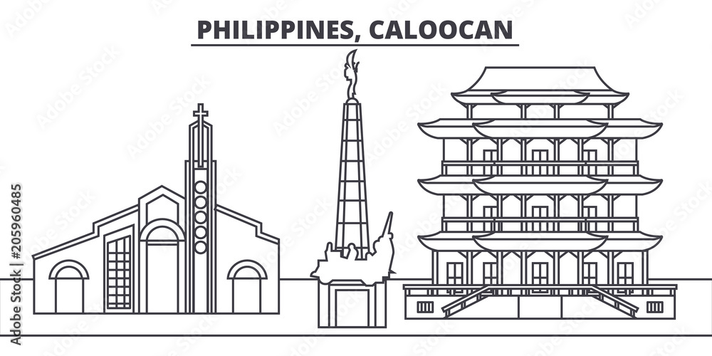 Fototapeta Philippines, Caloocan line skyline vector illustration. Philippines, Caloocan linear cityscape with famous landmarks, city sights, vector design landscape.