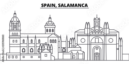 Spain, Salamanca line skyline vector illustration. Spain, Salamanca linear cityscape with famous landmarks, city sights, vector design landscape.  photo