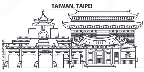 Taiwan, Taipei line skyline vector illustration. Taiwan, Taipei linear cityscape with famous landmarks, city sights, vector design landscape. 