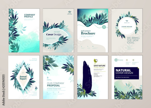 Set of brochure and annual report cover design templates on the subject of nature, environment and organic products. Vector illustrations for flyer layout, marketing material, magazines, presentations