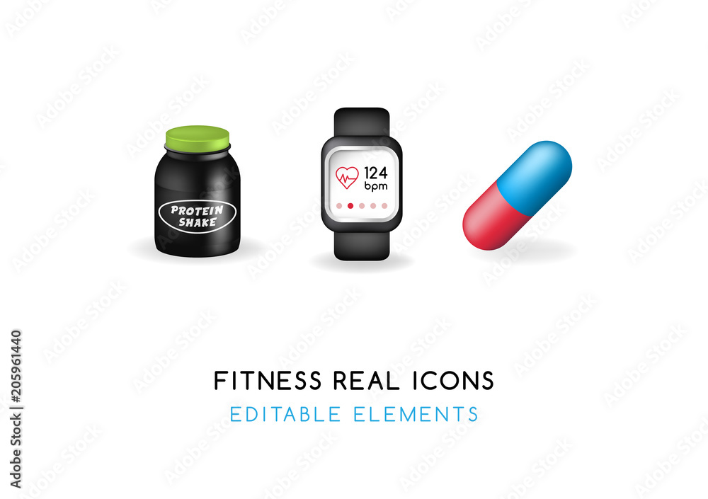 Set of Real Cute Fitness Elements on White Background . Isolated Vector Illustration Set of Real Cute Fitness Elements on White Background . Isolated Vector Illustration