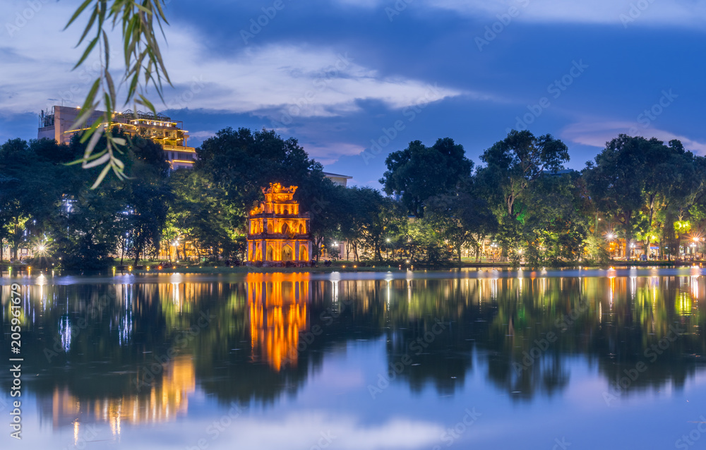 Turtle tower in the middle of Hoan Kiem Lake in Hanoi, Vietnam - obrazy, fototapety, plakaty 