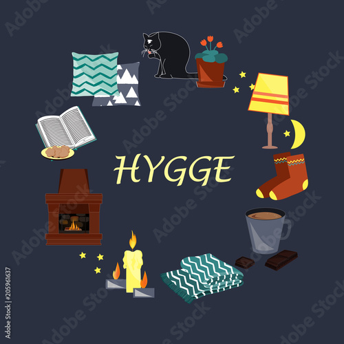 Vector illustration with Hygge cozy home things
