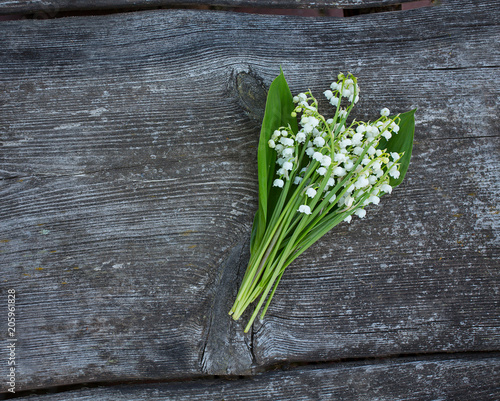 lillies of the valley on wooden surface