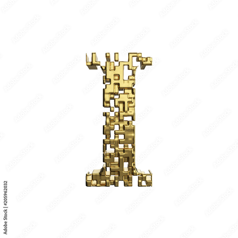 Alphabet letter I uppercase. Golden font made of yellow metallic shapes. 3D render isolated on white background. Alphabet letter I uppercase. Golden font made of yellow metallic shapes. 3D render isolated on white background.