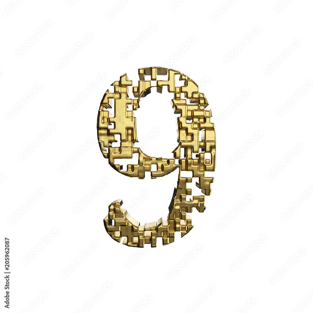 Alphabet number 9. Golden font made of yellow metallic shapes. 3D render isolated on white background. Alphabet number 9. Golden font made of yellow metallic shapes. 3D render isolated on white background.