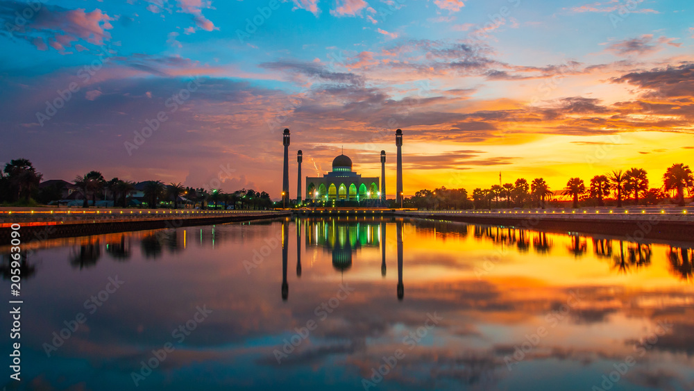 Beautiful mosque in the sunset have lightning bolt.