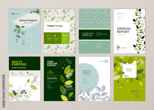 Set of brochure and annual report cover design templates on the subject of nature, environment and organic products. Vector illustrations for flyer layout, marketing material, magazines, presentations #205963206