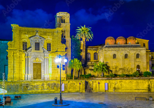 Night view of Piazza Bellini dominated by chiesa di san cataldo and chiesa santa maria dell ammiraglio in Palermo, Sicily, Italy photo