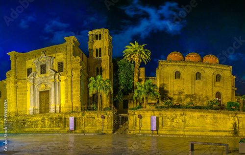 Night view of Piazza Bellini dominated by chiesa di san cataldo and chiesa santa maria dell ammiraglio in Palermo, Sicily, Italy photo