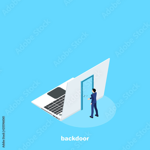 a door on the back of the laptop and a man in a business suit, an isometric image