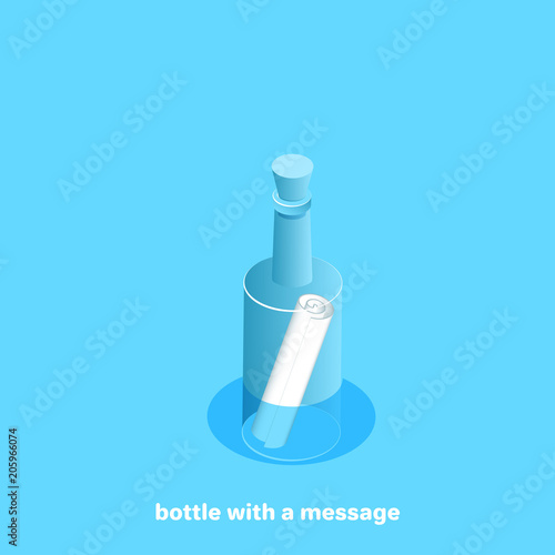 Floating bottle with a bundle of paper, isometric image