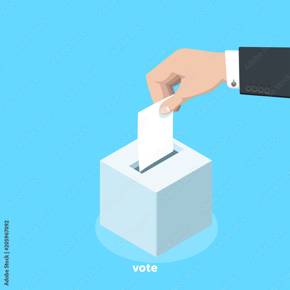 A man's hand throws a newsletter into a box, an isometric image A man's hand throws a newsletter into a box, an isometric image