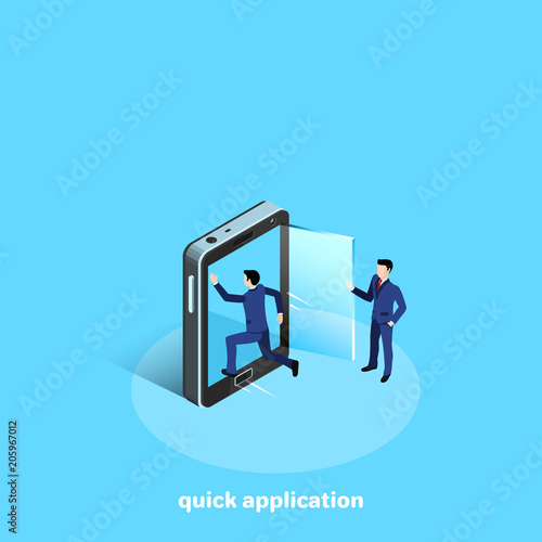 a man in a business suit runs through the open door into the smartphone, an isometric image