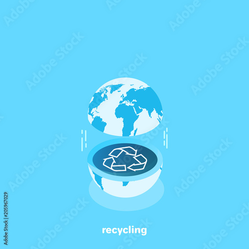 between the two halves of the globe is a recycling icon, an isometric image