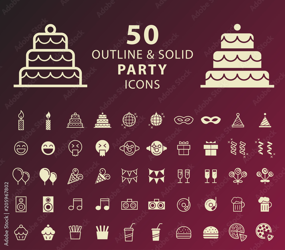 Set of 50 Outline and Solid Party Icons on Dark Background . Isolated Vector Elements Set of 50 Outline and Solid Party Icons on Dark Background . Isolated Vector Elements