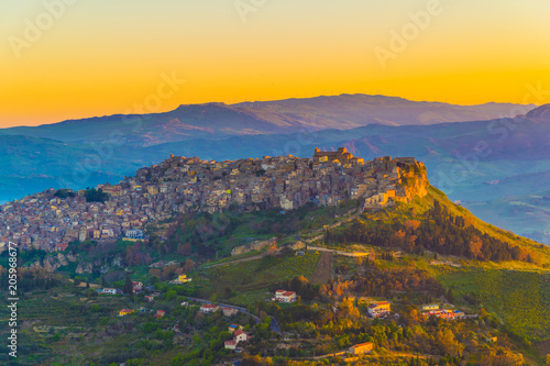 Sunsrise view of Calascibetta village in central Sicily, Italy.