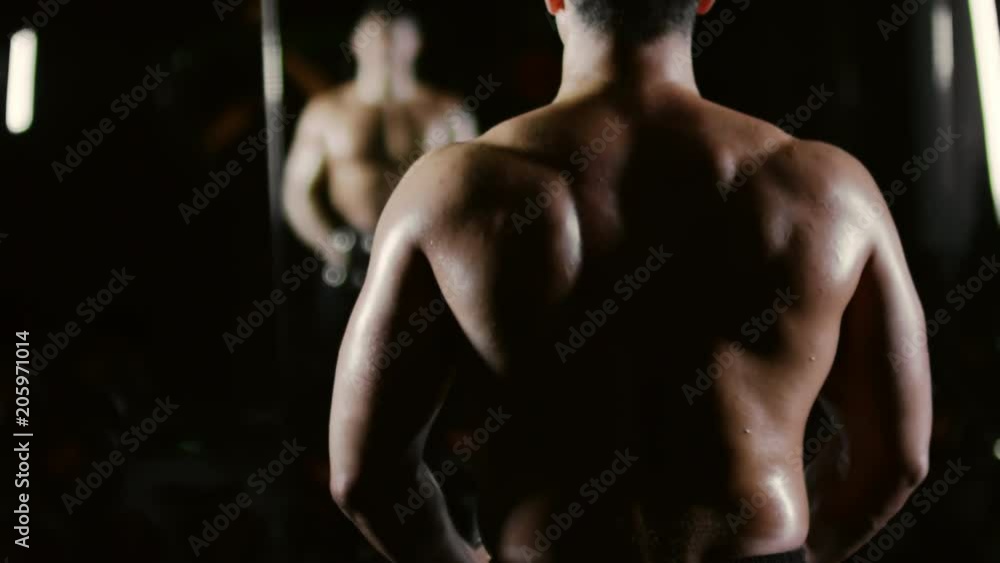 Rear view of athletic man with muscular back doing dumbbell lateral raise exercise while training in gym Rear view of athletic man with muscular back doing dumbbell lateral raise exercise while training in gym